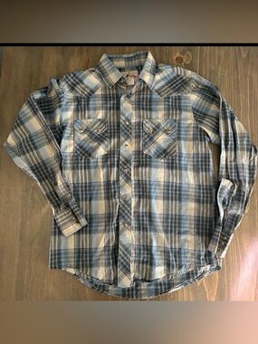 Wrangler American Cowboys Long Sleeve Pearl Snap Vintage Men’s M Tan Blue Plaid